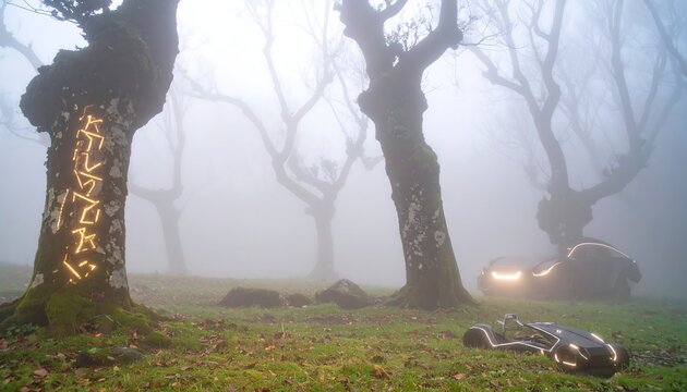 A futuristic vehicle in a mysterious misty forest with ancient glowing runes
