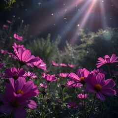 Pink and Purple Cosmos Flowers in a Gothic Garden at Night with Sparkling Stars