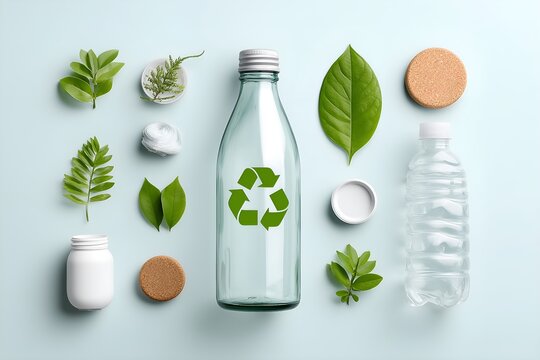 Eco-friendly living with glass bottle and fresh green leaves for sustainable lifestyle marketing content