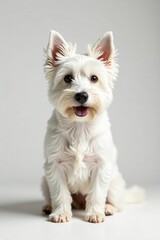 A charming Westie sits alertly in a pristine white studio setting , small, pet photography, cute
