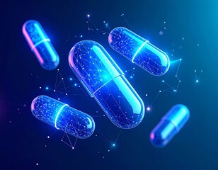 Glowing capsules of medication float in a network of light symbolizing technological advancements in healthcare