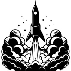 Black and White Rocket Launching into Space.