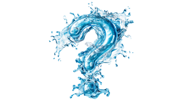 Water question mark shape with splashes on transparent background