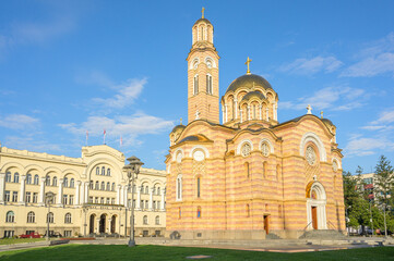 Cathedral of Christ the Saviour in Banja Luka showcases stunning architecture under blue sky