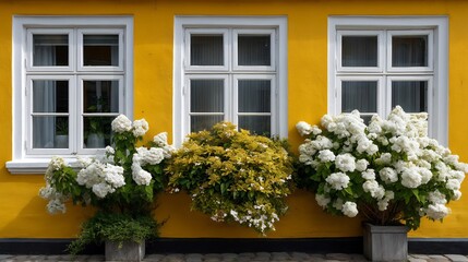 Vibrant yellow building facade adorned with blooming hydrangeas and window frames