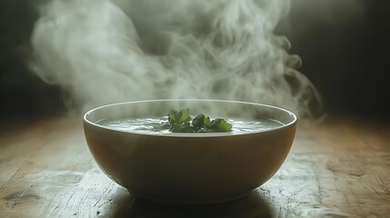 Steaming bowl of soup on a wooden table.