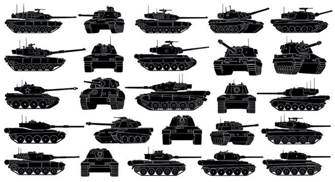 25 Black Tank Silhouette Vectors: Modern, WWII, Heavy, Light & Self-Propelled Artillery Designs

