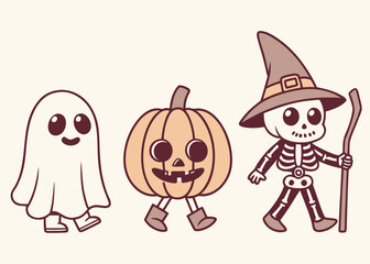 Fototapeta premium Cute Cartoon Halloween Characters Ghost Pumpkin and Skeleton in Costume vector illustration