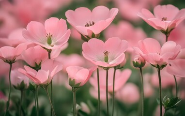 Obraz premium Delicate Pink Flowers Meadow Blooming Soft Pastel Blossoms