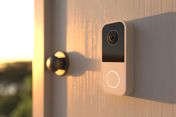 Modern smart home doorbell with warm sunset lighting