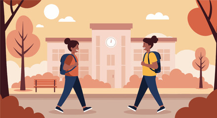 Flat vector illustration of diverse kids with backpacks heading to school with trees and school building in the background. Perfect for back to school themes, education.