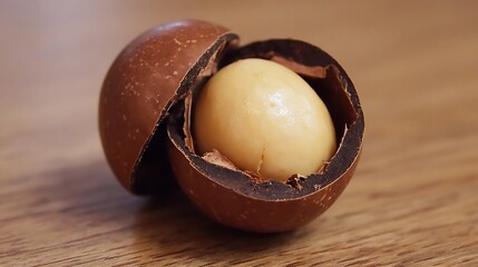 Discover the rich, creamy goodness of a perfectly cracked macadamia nut on a warm wooden surface.