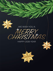 Merry Christmas and Happy New Year 2026 poster template - vector design with pine leaves, hanging ornaments, dark background - winter greeting card and holiday clip art with 3d elements