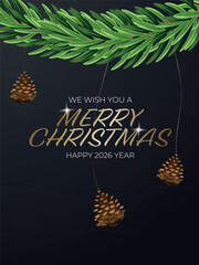 Merry Christmas 3D vector card with fir branches, pine cones on dark background - elegant winter holiday design for greeting poster or seasonal banner. Vector illustration eps 10