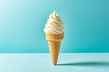 Creamy vanilla soft serve ice cream cone on blue background