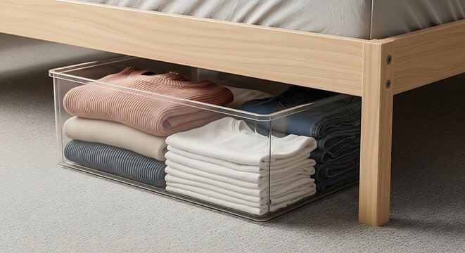 A clear storage container with neatly folded clothes tucked under a wooden bed frame, showcasing a minimalist home organization concept