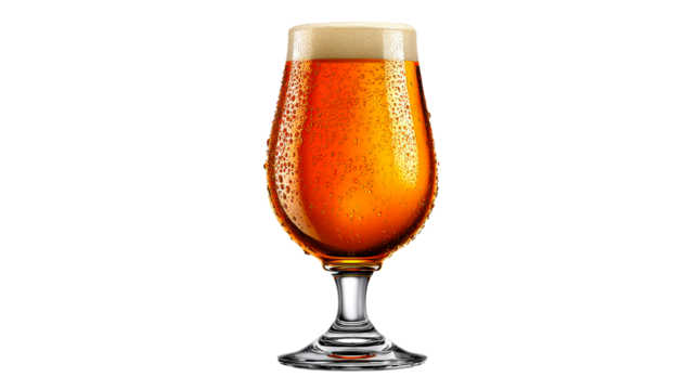 Cold amber beer in a glass with bubbles reflecting light
