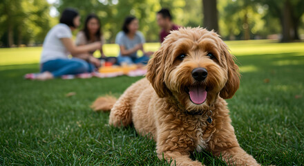 Fototapeta premium Close up of happy Labradoodle dog lying on grass, with group of friends having picnic in park on sunny day. Gathering people on nature with food in weekend. Selective focus
