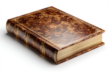 Obraz premium Antique book with brown leather cover and gold accents thick pages isolated on white background