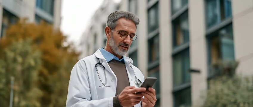 A physician using a smartphone outside while wearing a lab coat and stethoscope. 
