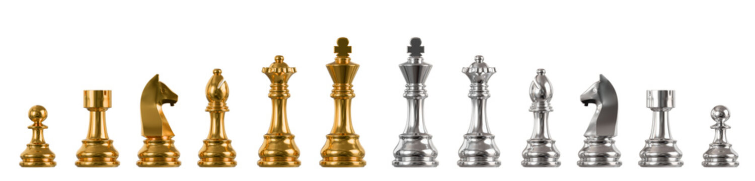 Set of gold and silver chess on a transparent background. 3D rendering illustration.