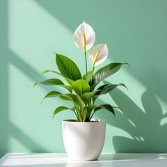 A sun-drenched indoor scene featuring a thriving peace lily in a minimalist white pot, its elegant white flowers creating a serene atmosphere against a backdrop of a soft, pastel-green wall.