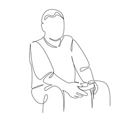 One continuous single drawing line art flat doodle man, fun, lifestyle, indoor, playing, technology, living room, male, adult. Isolated image hand draw contour on a white background, hand drawn, not A