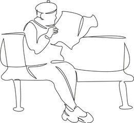 One continuous single drawing line art flat doodle reading, newspaper, sitting, bench, adult, outdoors, relaxation, old, man. Isolated image hand draw contour on a white background, hand drawn, not AI