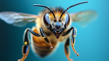 Close-up view of a honeybee in flight.