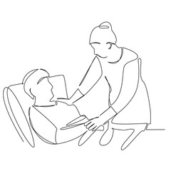One continuous single drawing line art flat doodle patient, nurse, hospital, doctor, recovery, care, medicine, support. Isolated image hand draw contour on a white background, hand drawn, not AI