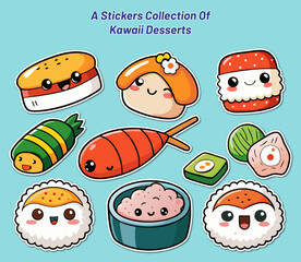 Collection of Cute Kawaii Sushi Stickers with Smiling Faces on a Blue Background