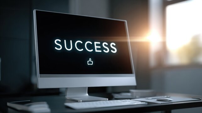 a monitor on the desk displaying large glowing word "Success", with an upward arrow and thumbs up icon on the screen
