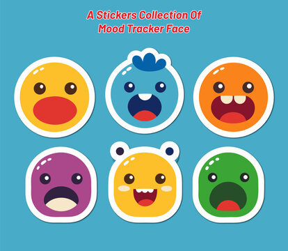 Collection of colorful mood tracker face stickers with different expressions on a light blue background in vector format