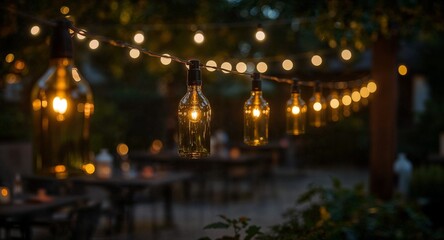 Obraz premium String lights with bulb shaped like bottles illuminate outdoor dining area at dusk creating warm ambiance