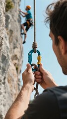 Climber securing rope while another ascends a rocky cliff