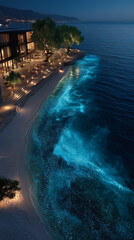Drone shot , beautiful blue light of plankton around the island in front of resort at night.