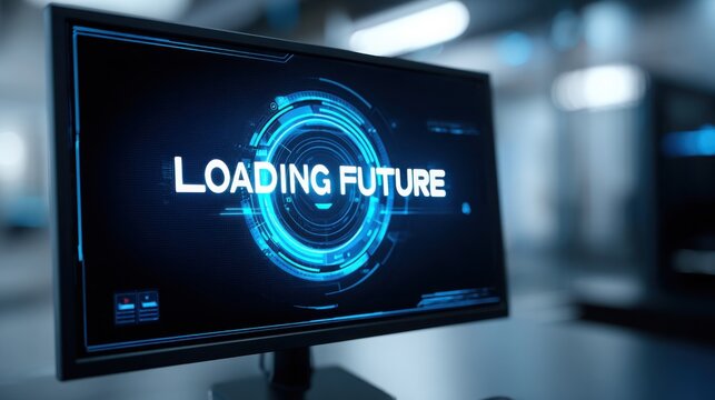 computer screen showing word "LOADING FUTURE" with spinning futuristic loading animation, tech-style interface, minimal clean workspace, blue ambient light, cinematic realism