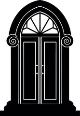 Detailed Outline of a Grand Double Door with Ornate Handle in Black Theme