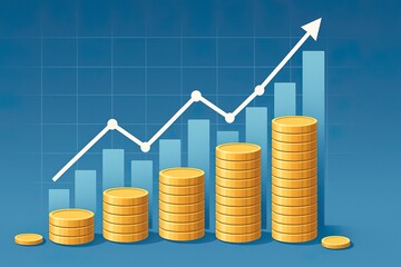 Growing Financial Bar Chart with Stacked Gold Coins and Line Graph on Blue Background
