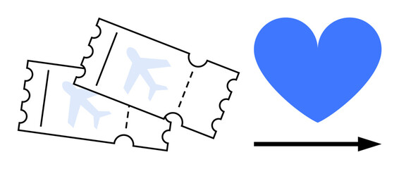Two flight tickets beside a blue heart with an arrow, symbolizing love for travel, adventure, and connection. Ideal for travel planning, tourism, romance, relationships, lifestyle adventure