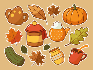 Cute Autumnal Vector Illustration with Pumpkins Leaves and Mugs in a Cartoon Style for Seasonal Designs