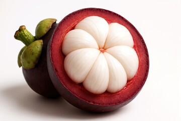 Ripe Mangosteen Fruit Cut in Half Showing White Segments