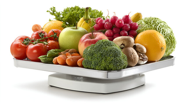 Fresh fruits and vegetables on a kitchen scale healthy eating - Powered by Adobe