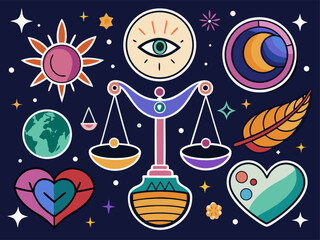 Colorful Astrology and Zodiac Elements including Scales Hearts the Moon Sun Earth and an Eye