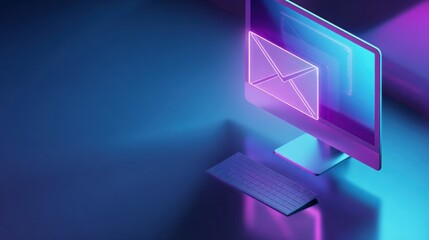 isometric computer monitor on clean desk, glowing closed envelope email icon on screen, soft neon lighting, minimal tech background, blue 