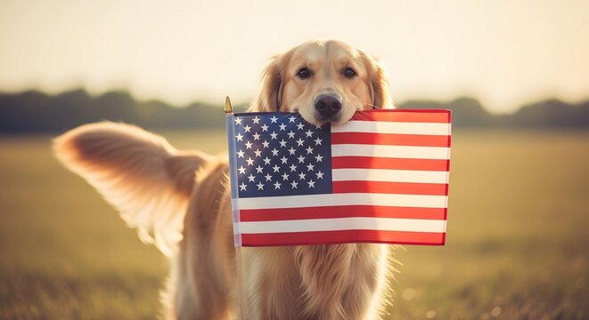 Happy golden retriever dog holding American flag in mouth - Powered by Adobe