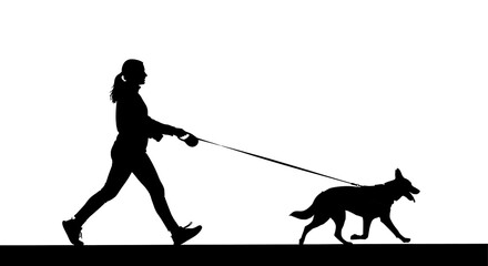 Silhouette of woman walking dog on leash outdoor exercise pet care canine friend healthy lifestyle black white