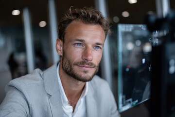A young man in a grey suit gazes intently at his computer screen, illustrating the blend of professionalism and modern technology in a corporate work environment.