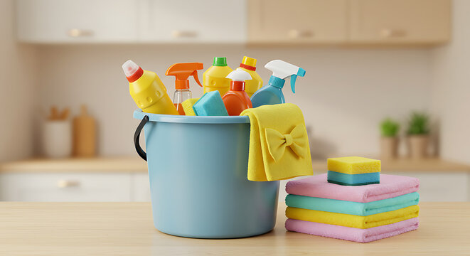 Cleaning Supplies Kit Organized on Kitchen Counter 3D Render