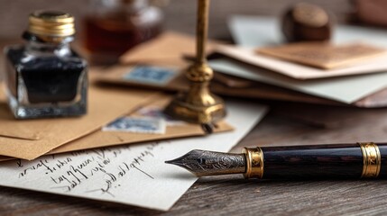 Elegant calligraphy setup with fountain pen, handwritten letter, ink bottle and vintage stationery on wooden desk for traditional writing